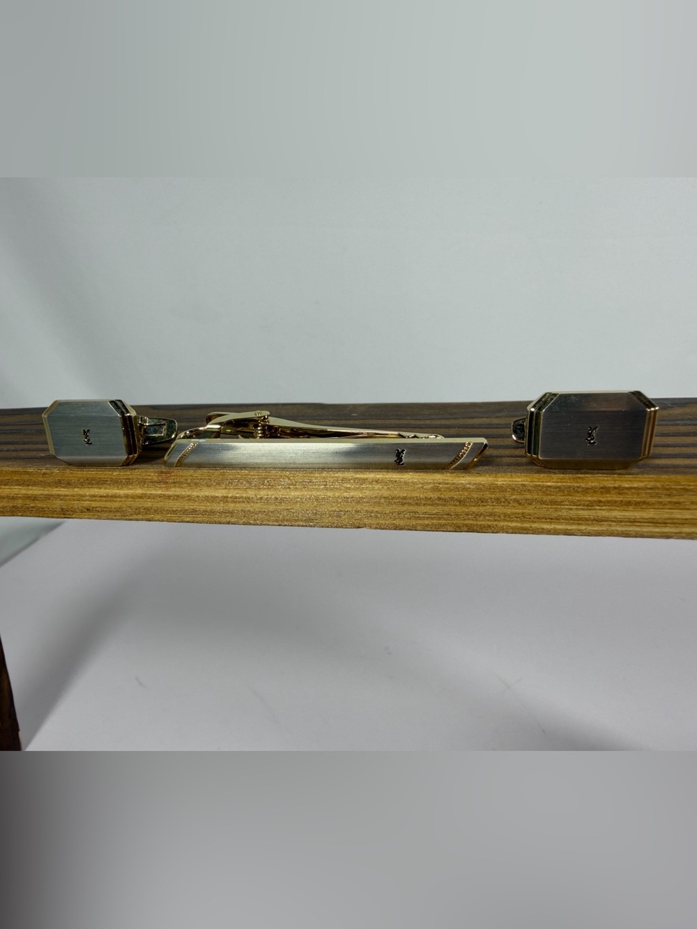 9045: Yves Saint Laurent Vintage YSL Cufflinks & Tie Bar Set Two-Tone